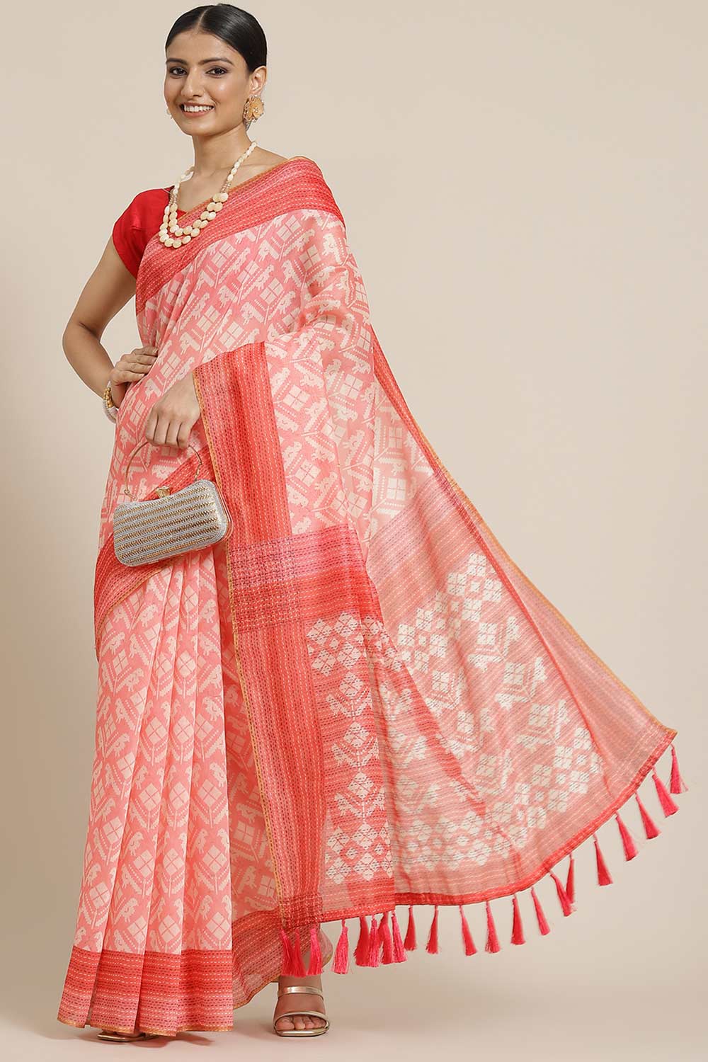 Buy Pink Cotton Block Printed Handloom Saree Saree Online