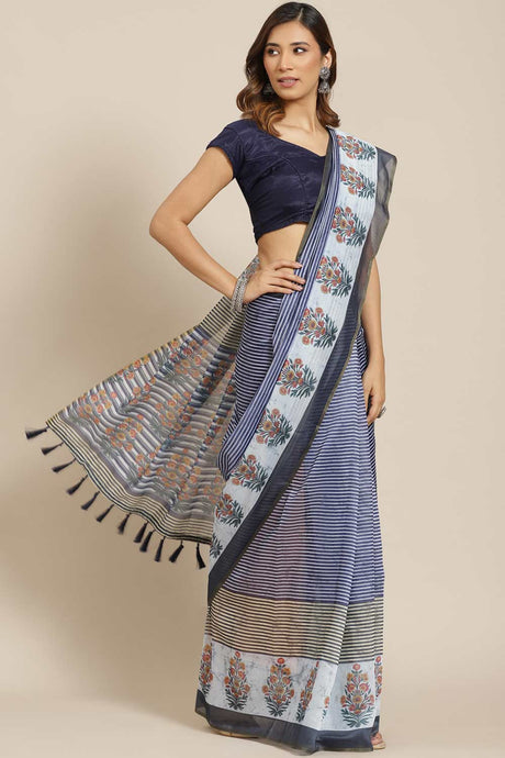 Buy Blue Cotton Block Printed Handloom Saree Saree Online