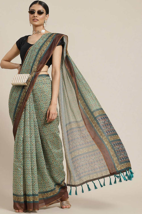 Buy Green Cotton Block Printed Handloom Saree Saree Online