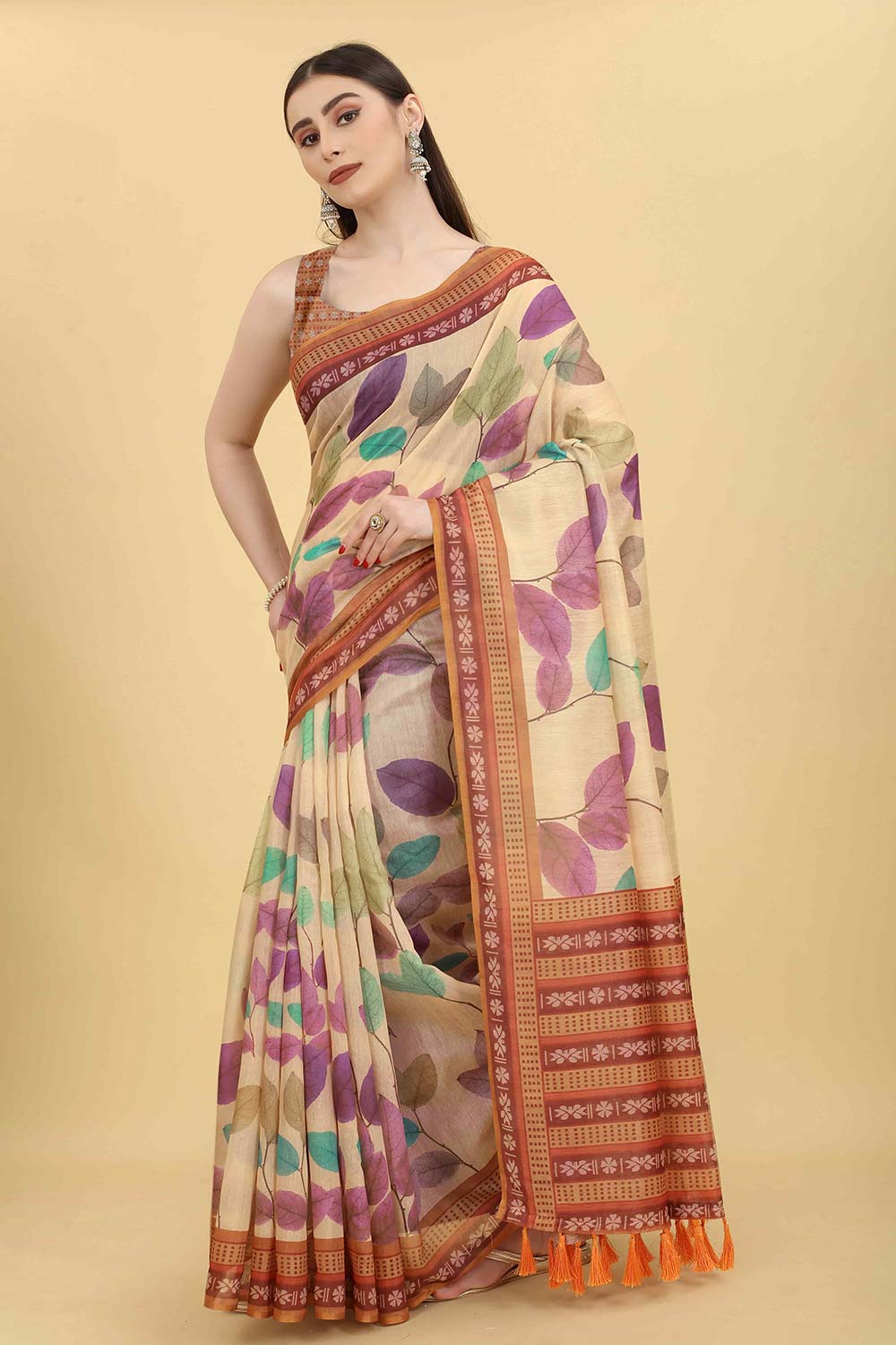 Beige Block Print Pure Cotton Saree