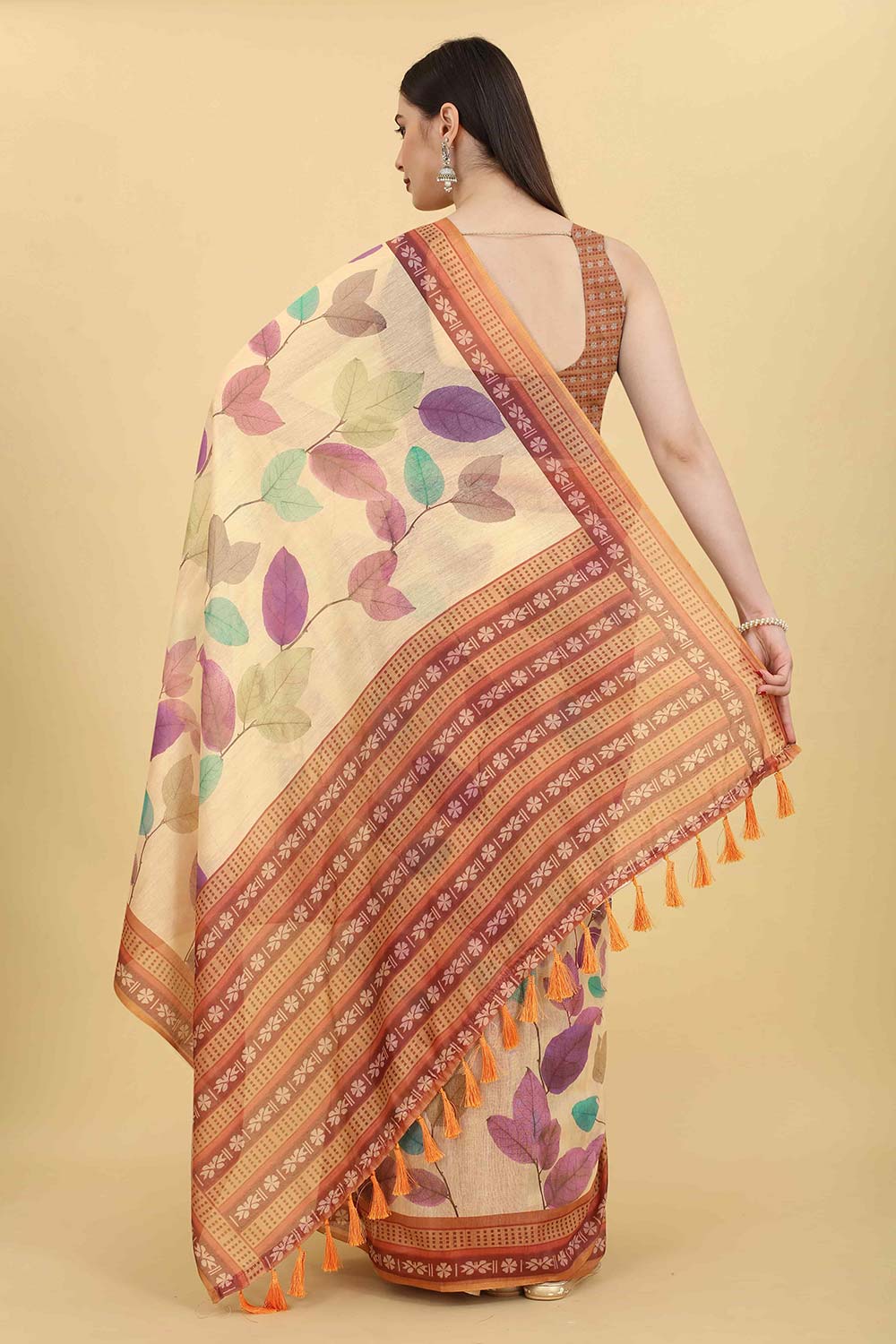 Beige Block Print Pure Cotton Saree