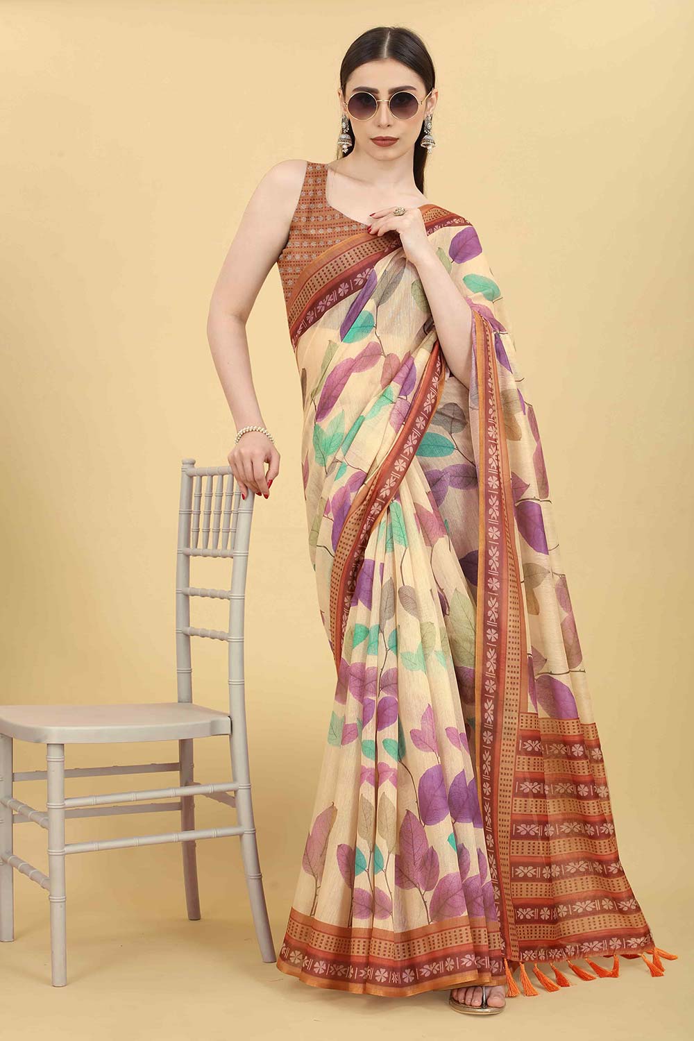 Beige Block Print Pure Cotton Saree