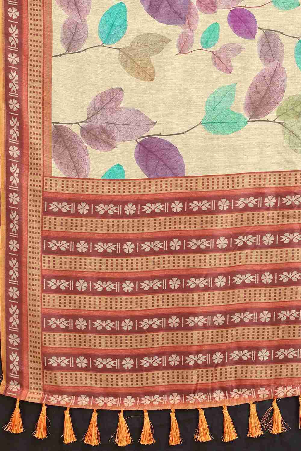 Beige Block Print Pure Cotton Saree