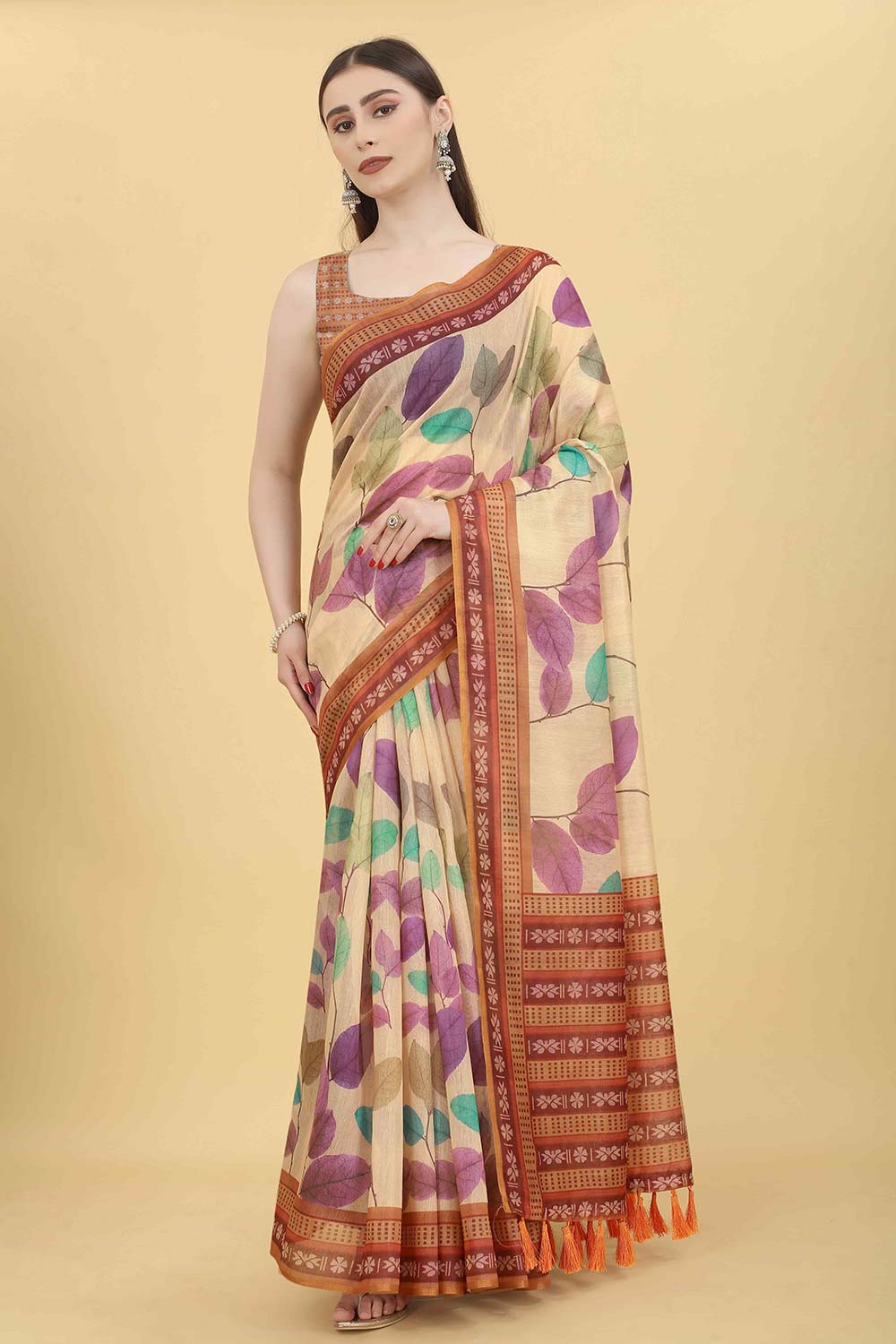 Beige Block Print Pure Cotton Saree