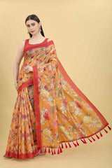 Orange Block Print Pure Cotton Saree