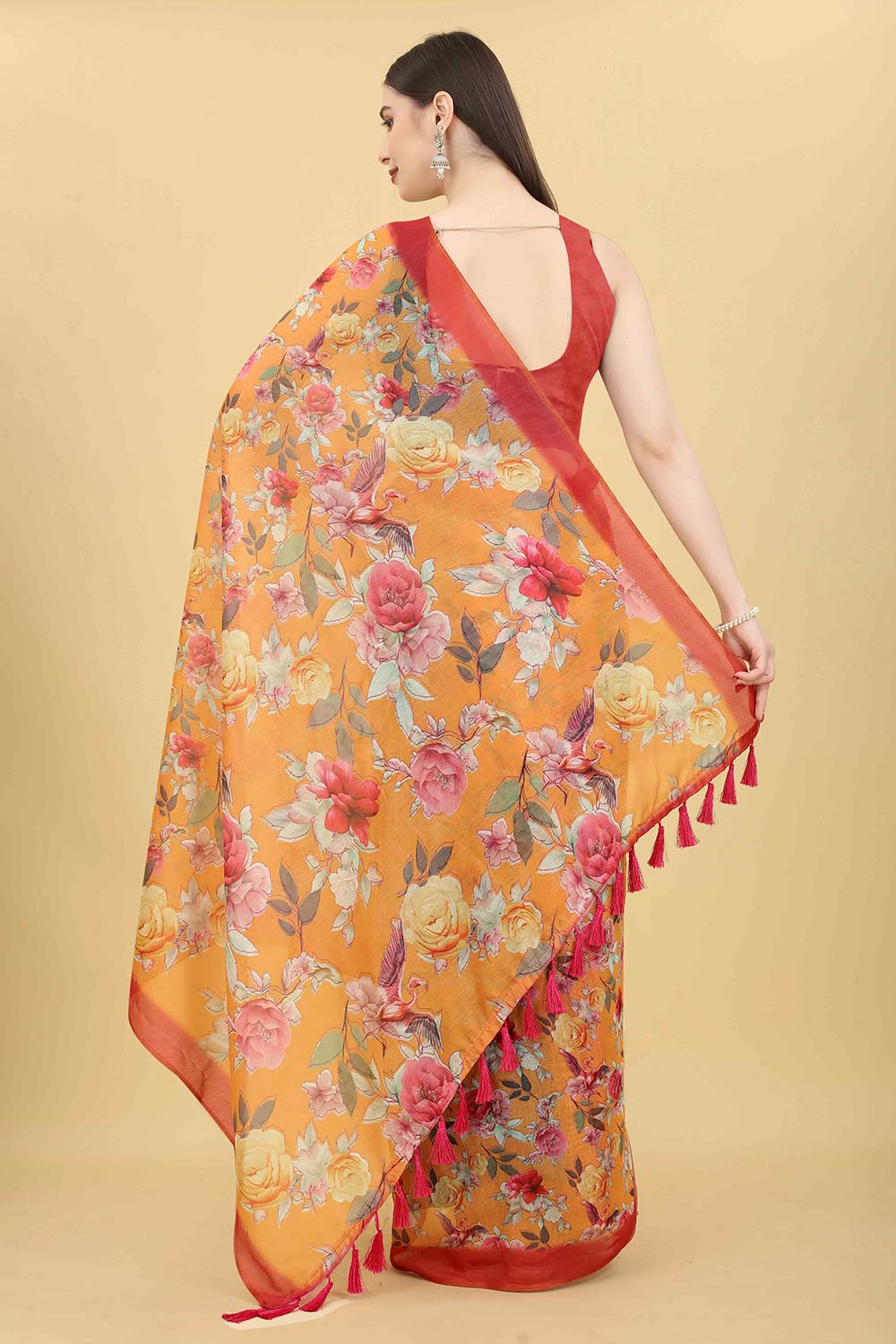 Orange Block Print Pure Cotton Saree