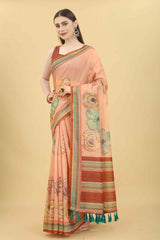 Peach Block Print Pure Cotton Saree