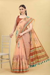 Peach Block Print Pure Cotton Saree