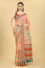 Peach Block Print Pure Cotton Saree