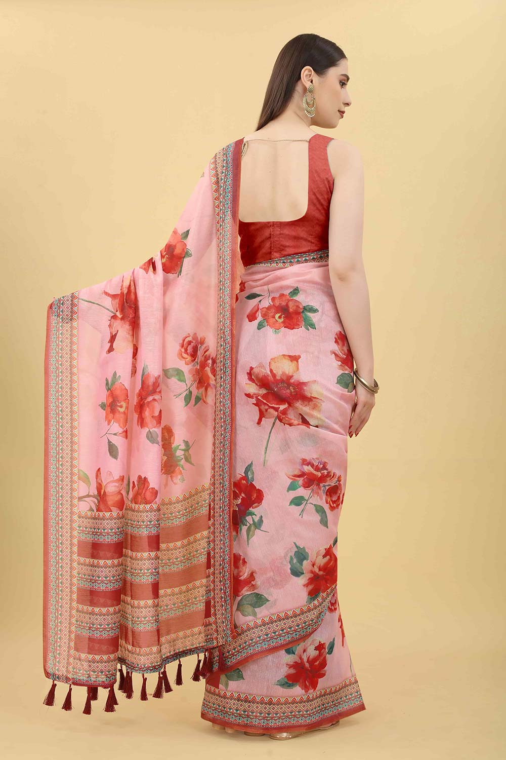 Pink Block Print Pure Cotton Saree