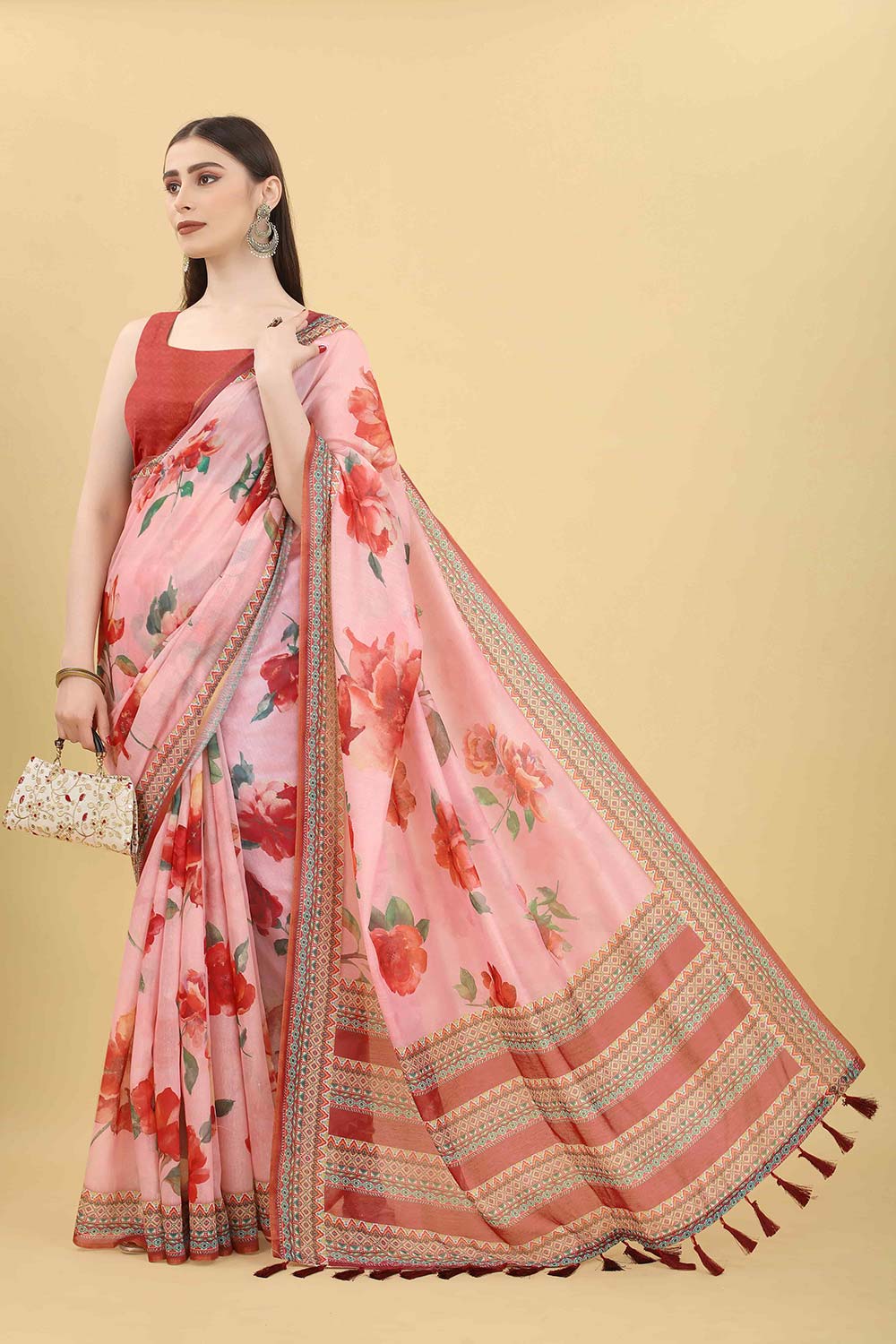 Pink Block Print Pure Cotton Saree