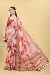 Pink Block Print Pure Cotton Saree