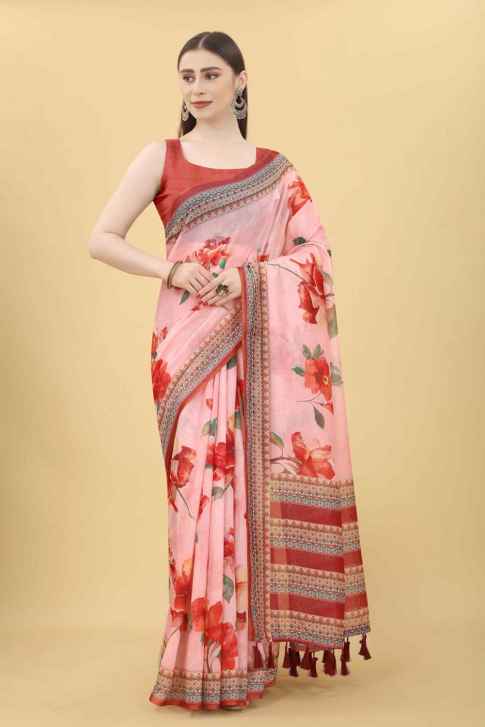 Pink Block Print Pure Cotton Saree