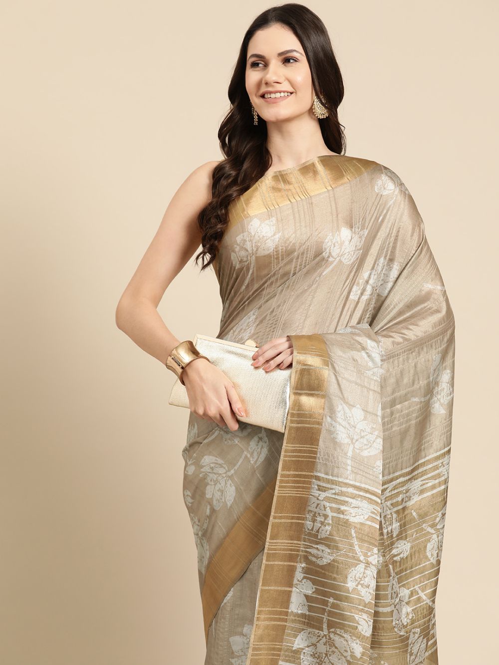 Beige Soft Silk Digital Print Saree