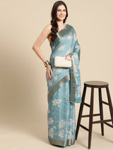 Teal Soft Silk Digital Print Saree