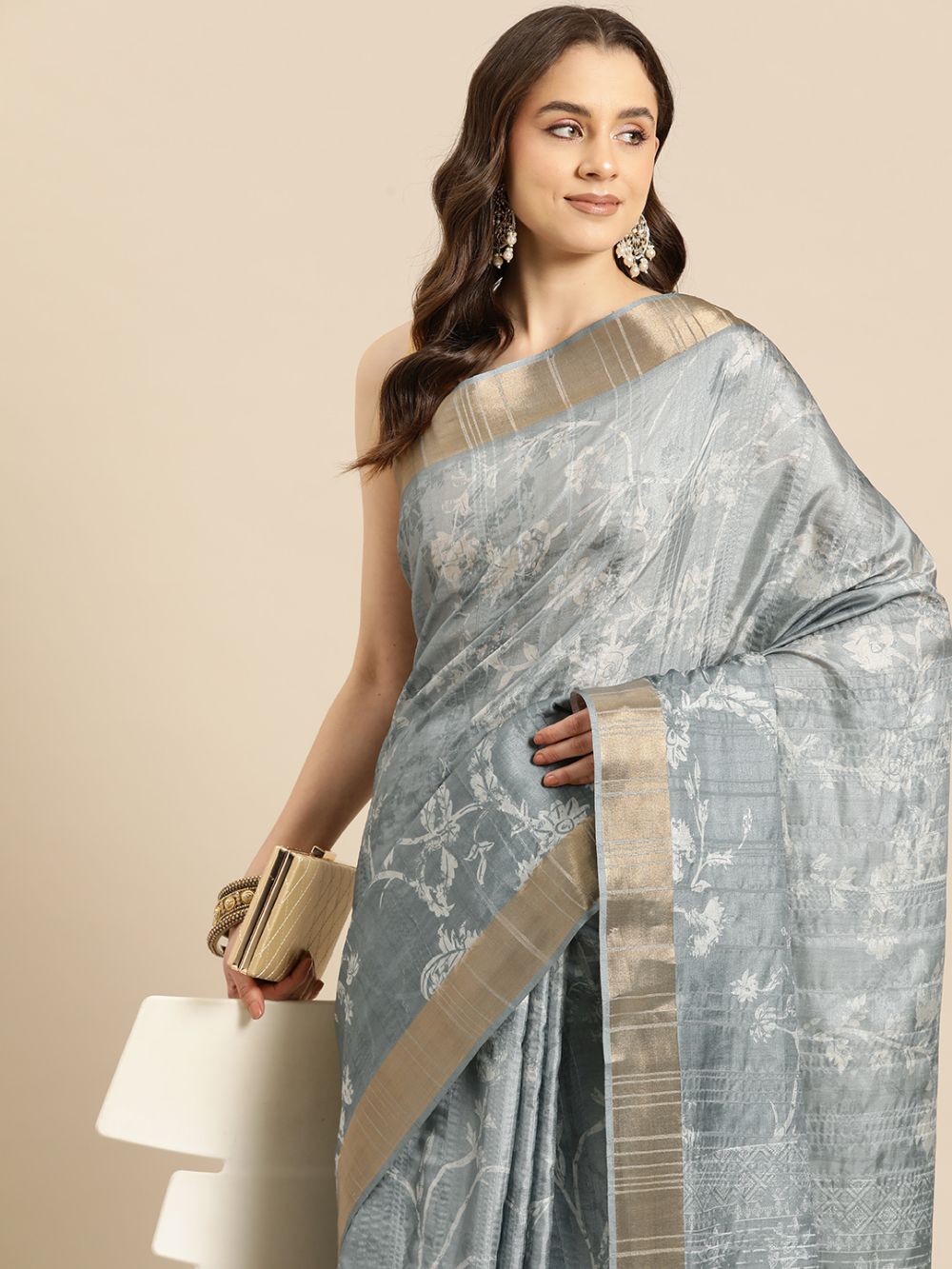 Grey Soft Silk Digital Print Saree