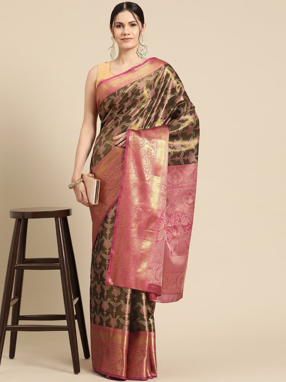 Black Brocade Floral Saree