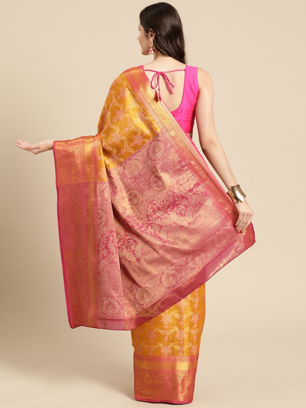 Mustard Brocade Floral Saree