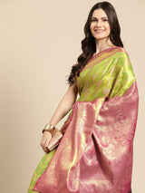 Parrot Green Brocade Floral Saree