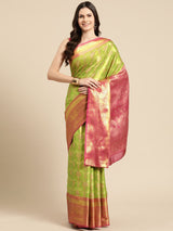 Parrot Green Brocade Floral Saree