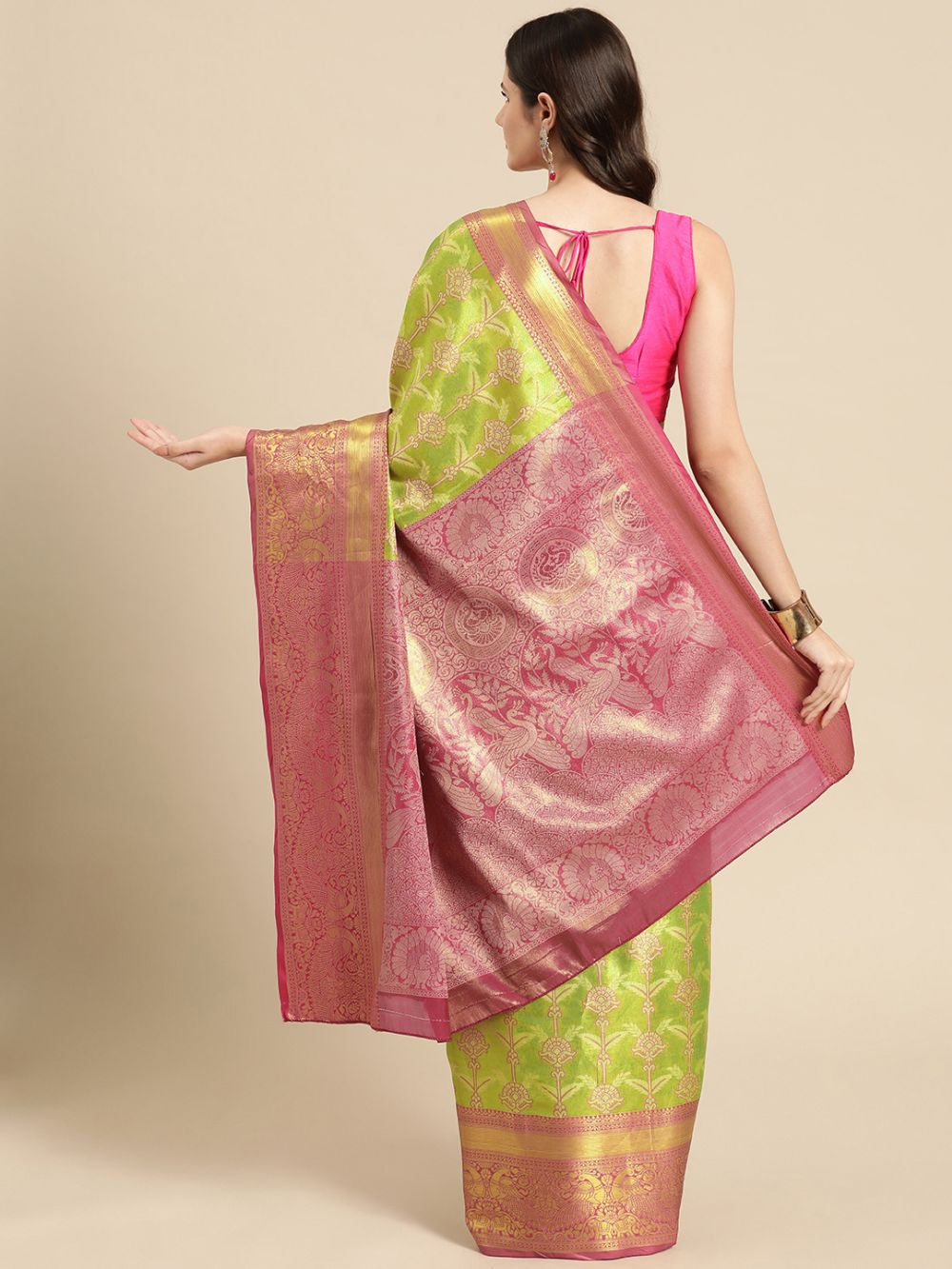 Parrot Green Brocade Floral Saree