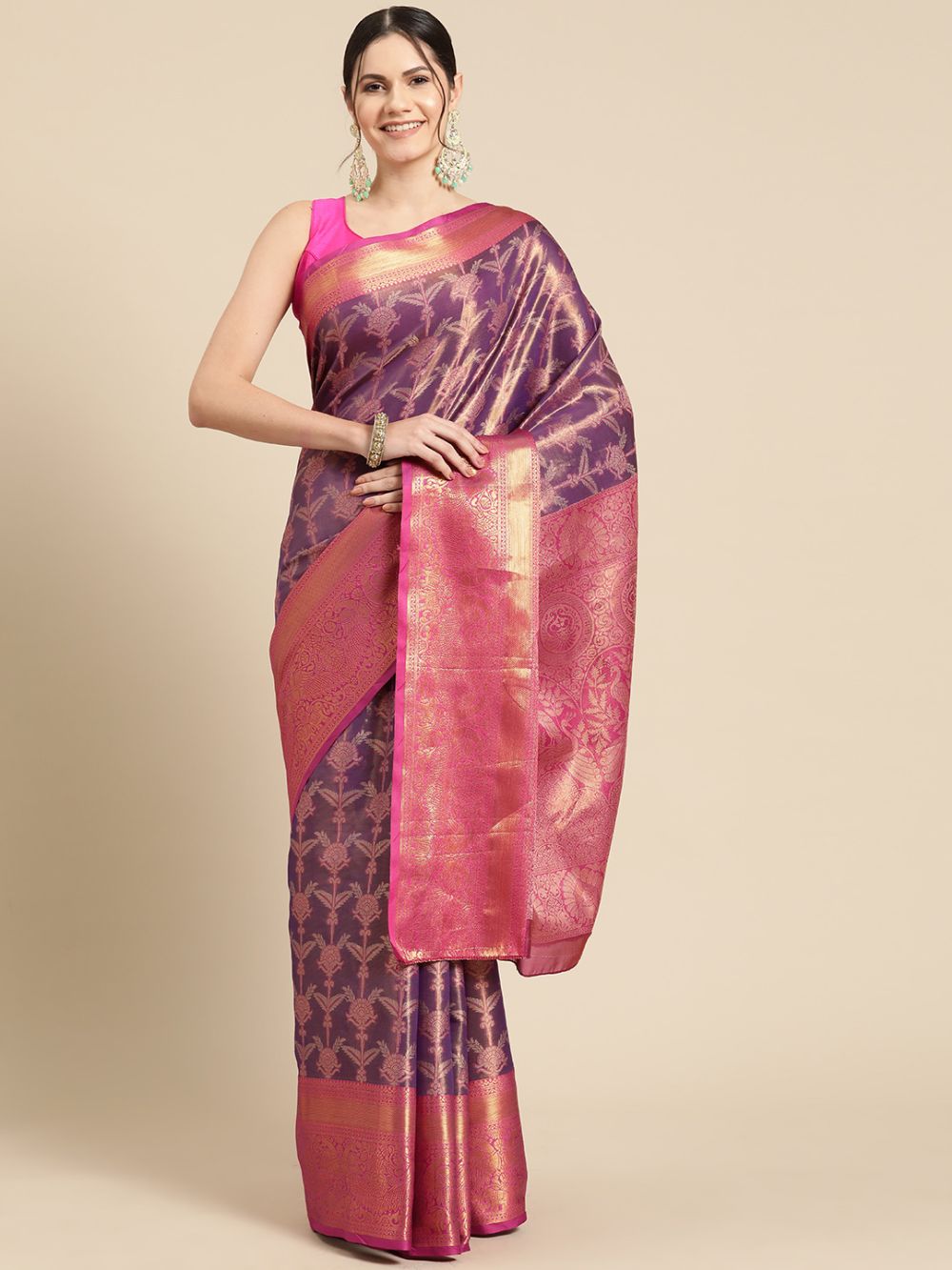 Purple Brocade Floral Saree