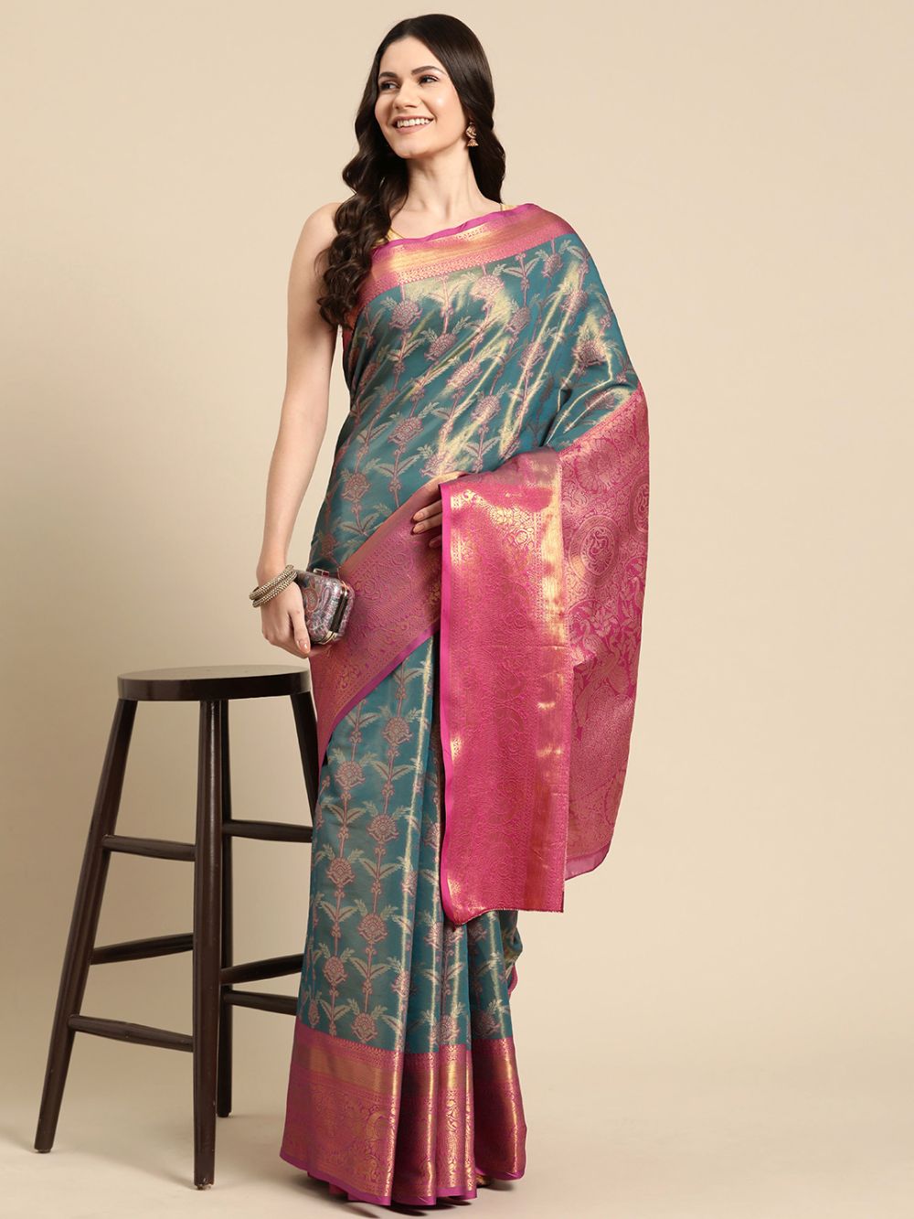 Teal Brocade Floral Saree