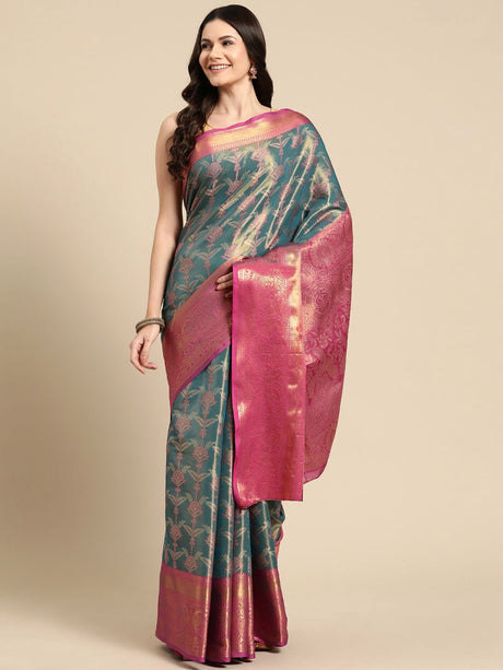 Teal Brocade Floral Saree