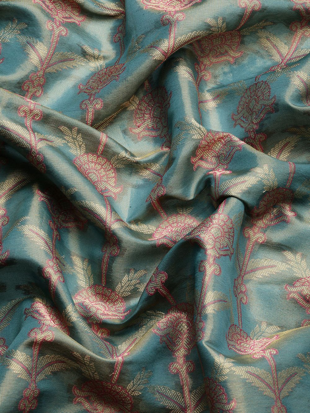 Teal Brocade Floral Saree