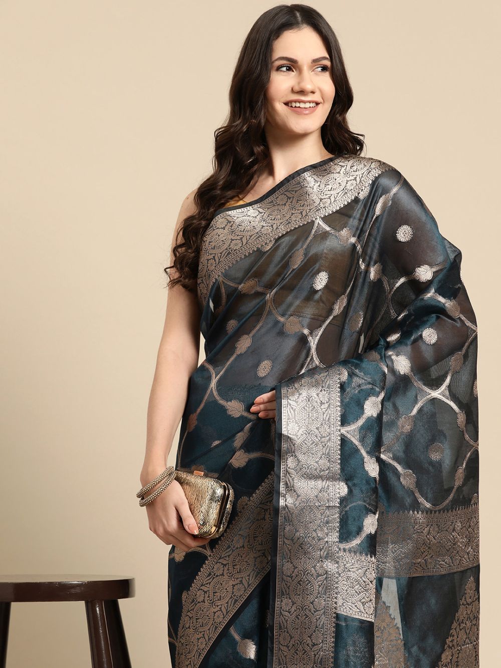 Teal Organza Silk Floral Saree