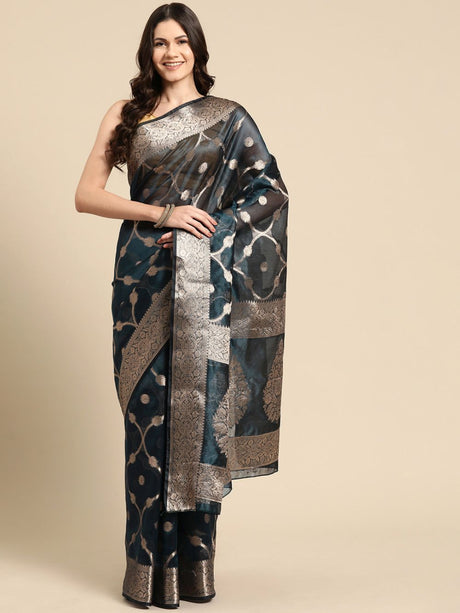 Teal Organza Silk Floral Saree