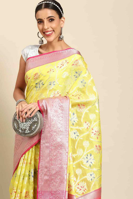 Buy Yellow Art Silk Floral Printed brocade Saree Online