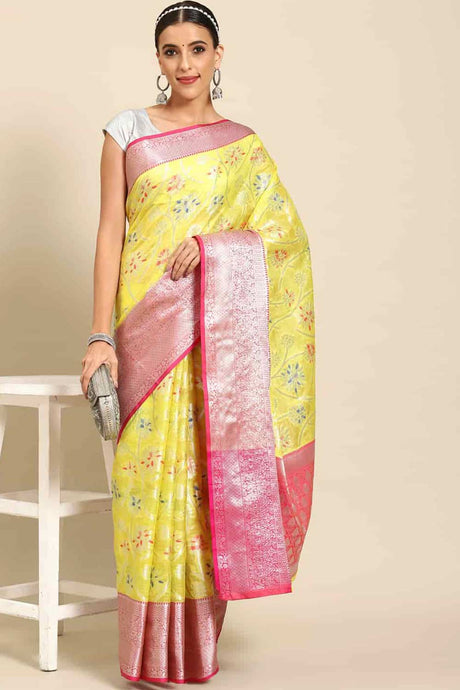 Buy Yellow Art Silk Floral Printed brocade Saree Online