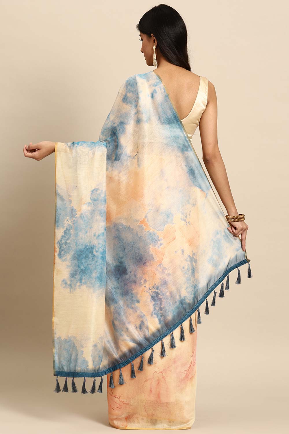 Beige Printed Organza Saree