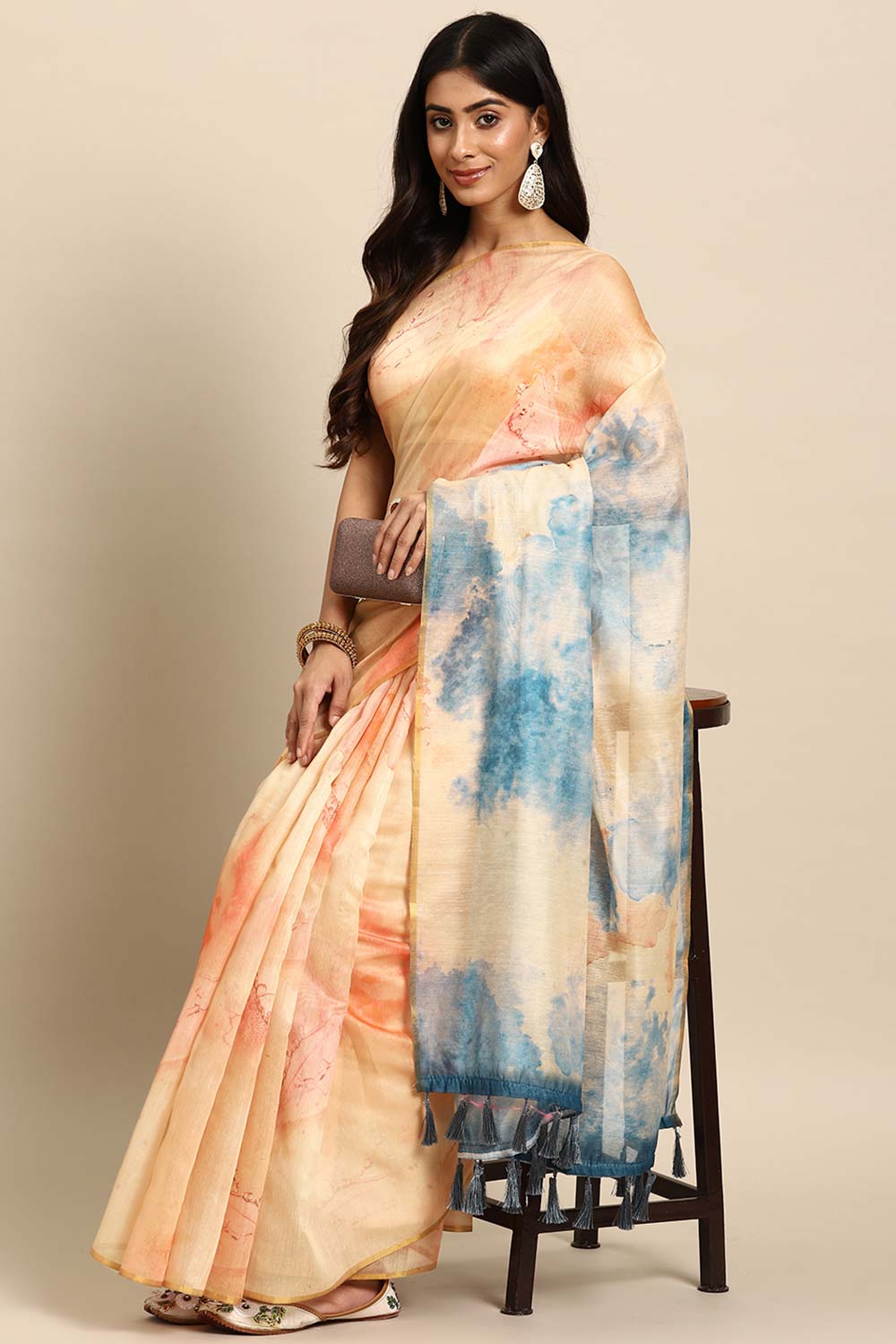 Beige Printed Organza Saree