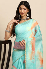 Sea Green Printed Organza Saree