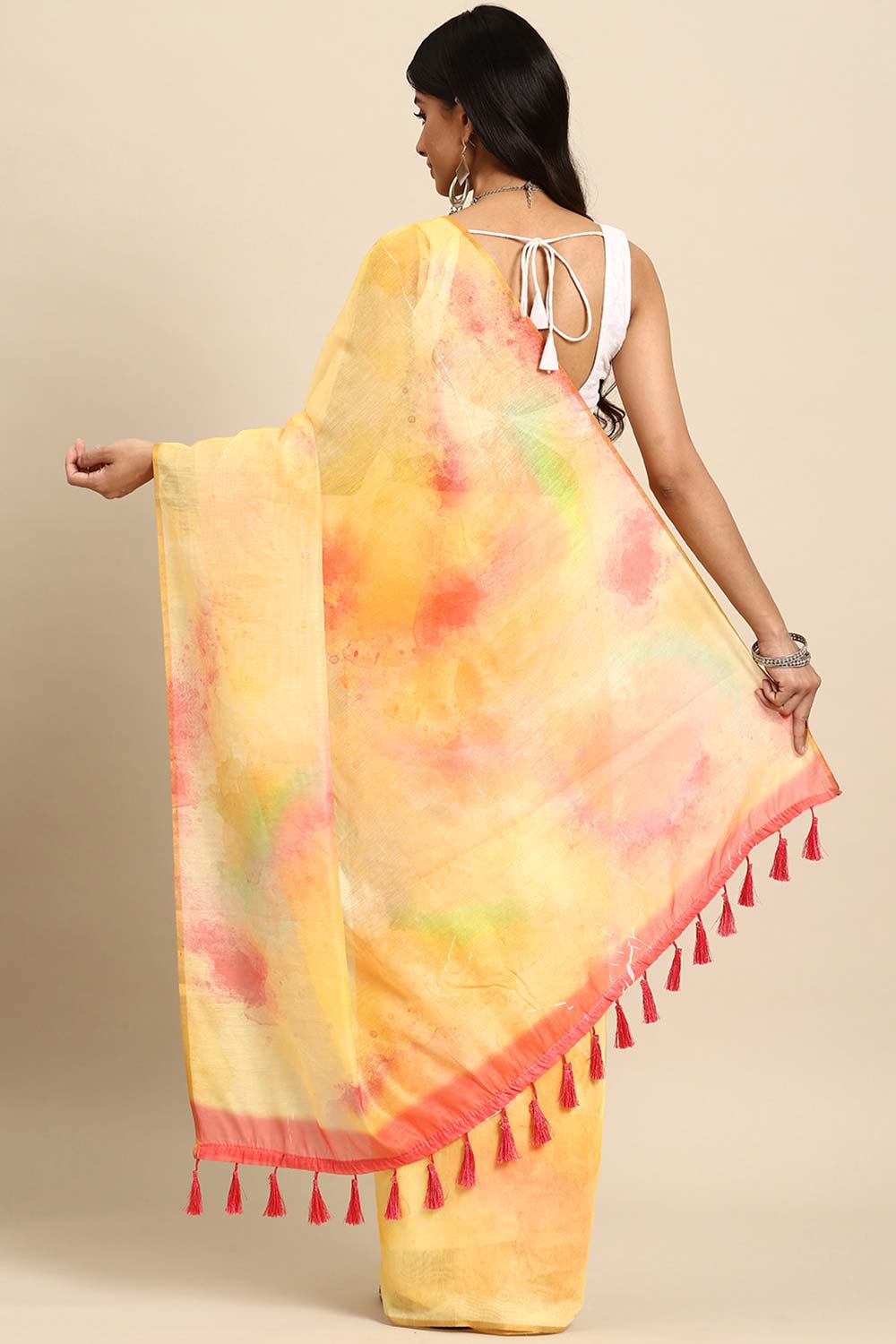 Yellow Printed Organza Saree