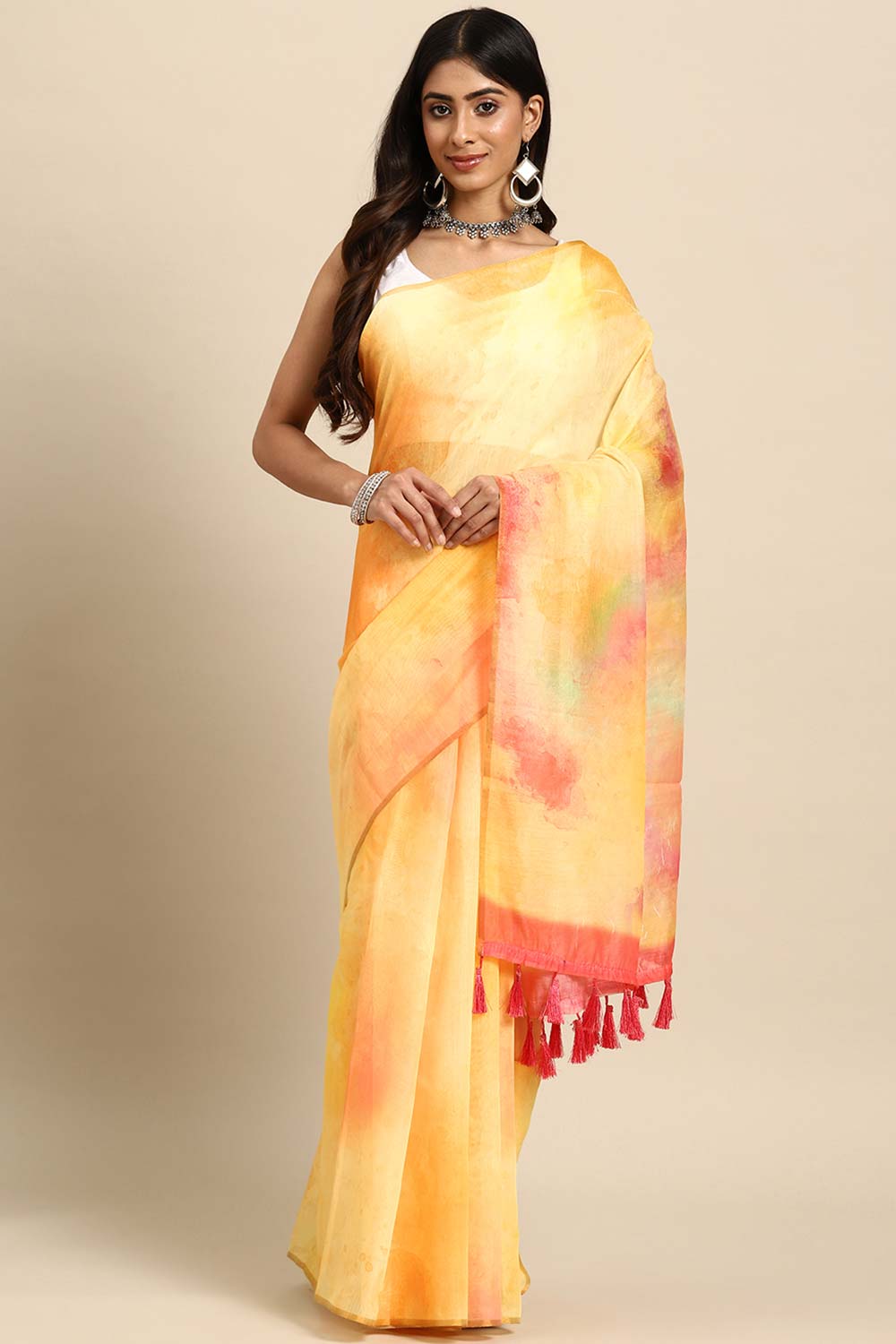 Yellow Printed Organza Saree