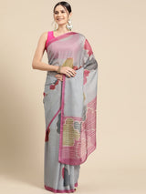 Dark Grey Soft Silk Abstract Saree