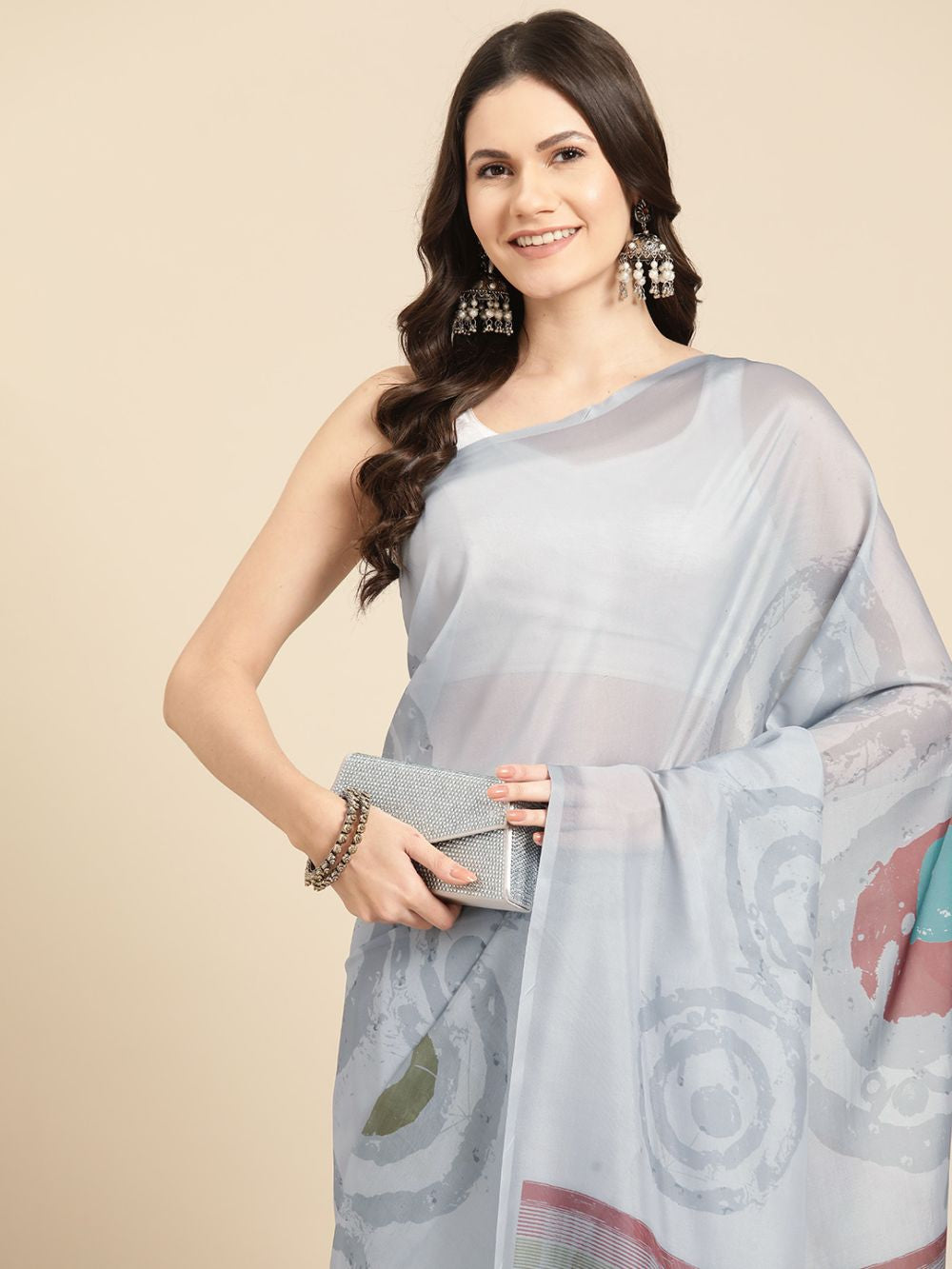 Grey Soft Silk Abstract Saree