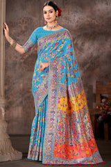 Blue Embroidered Cotton Blend Saree