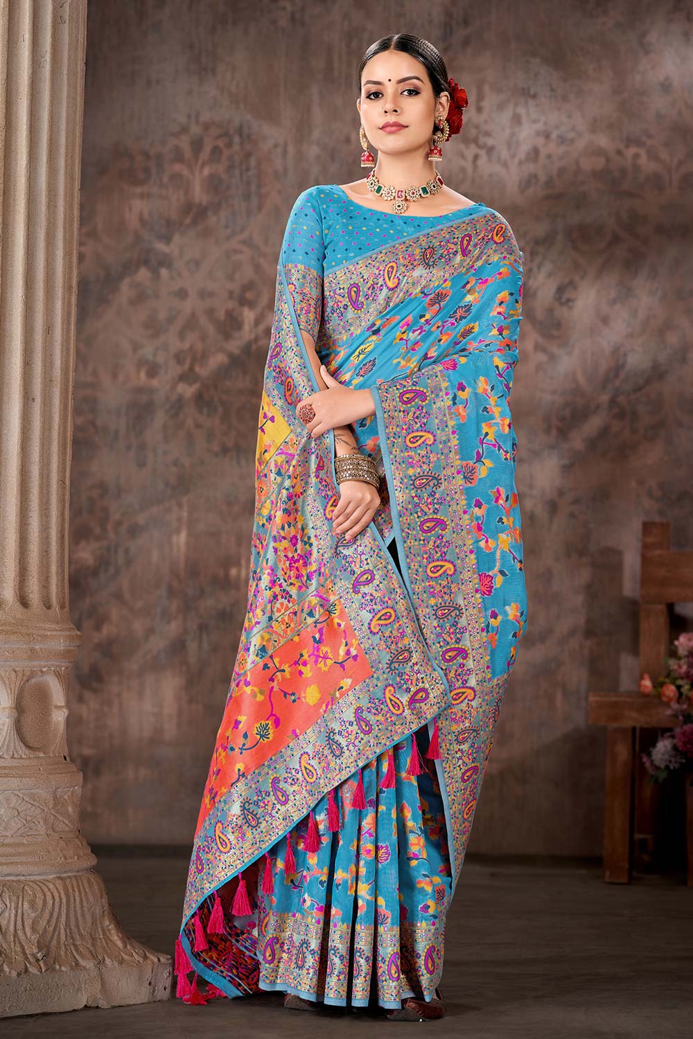 Blue Embroidered Cotton Blend Saree