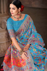 Blue Embroidered Cotton Blend Saree