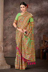 Green Embroidered Cotton Blend Saree