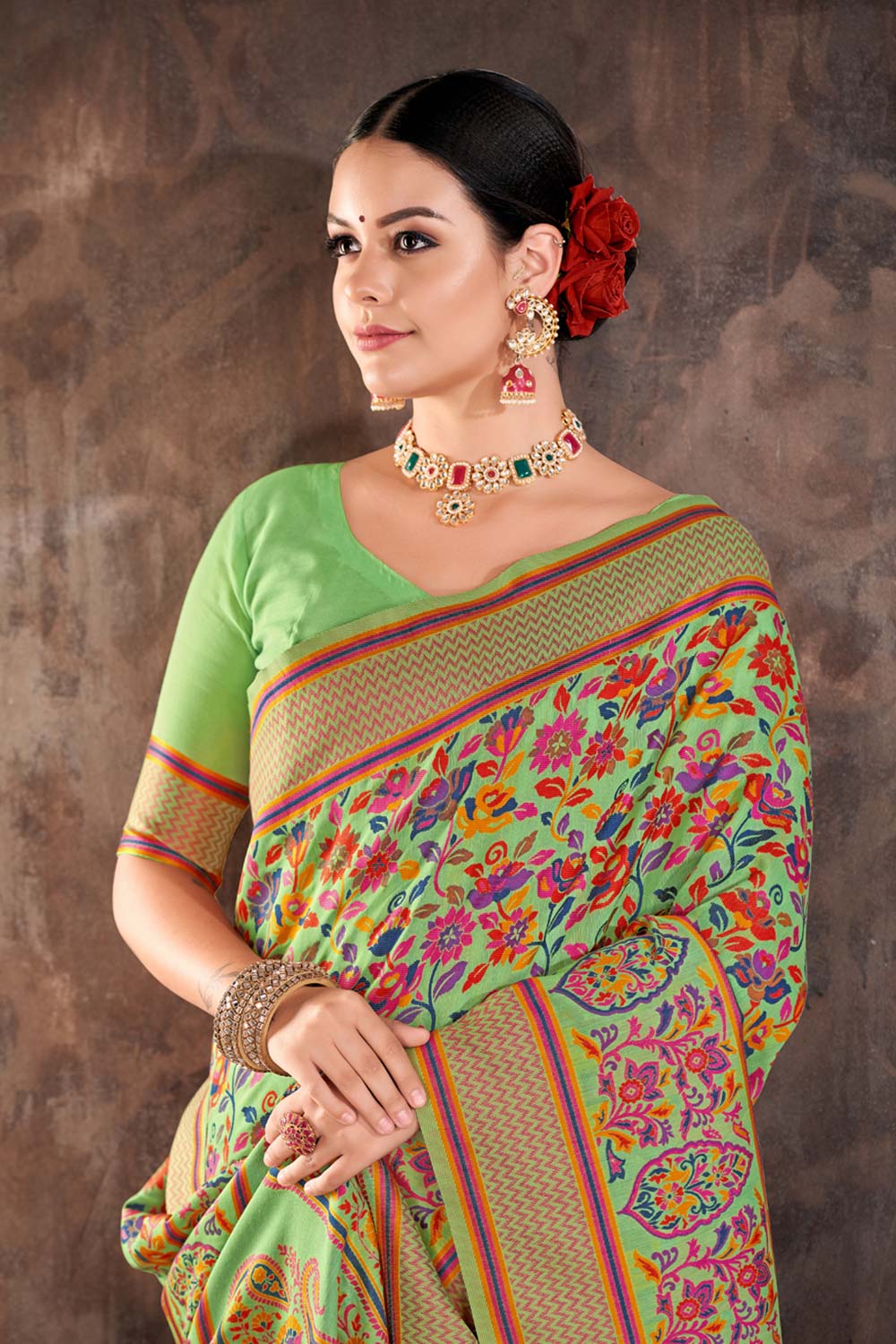 Green Embroidered Cotton Blend Saree