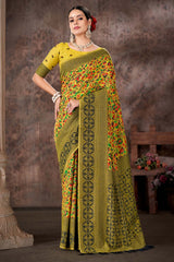 Mustard Embroidered Cotton Blend Saree