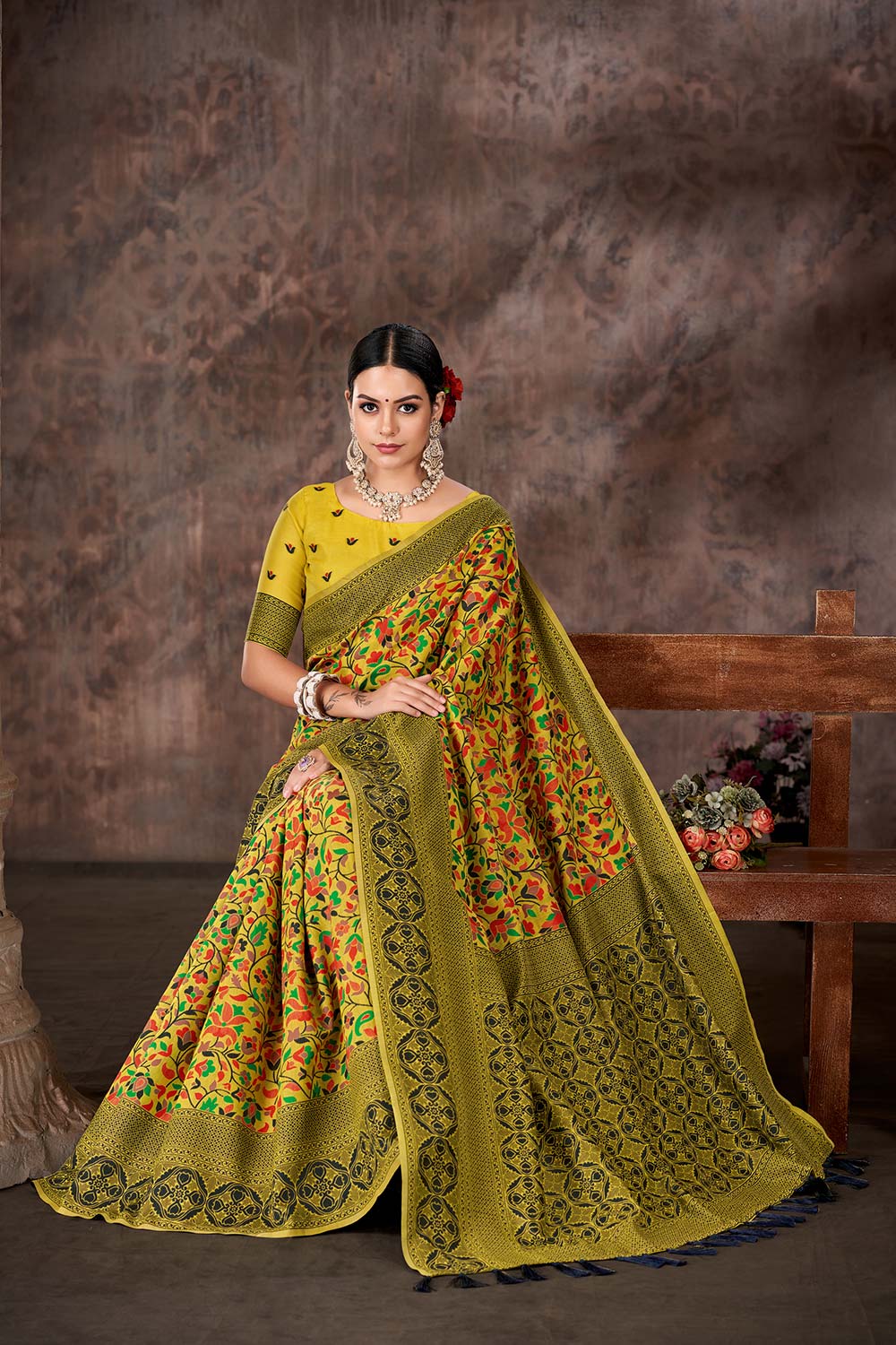 Mustard Embroidered Cotton Blend Saree