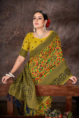 Mustard Embroidered Cotton Blend Saree