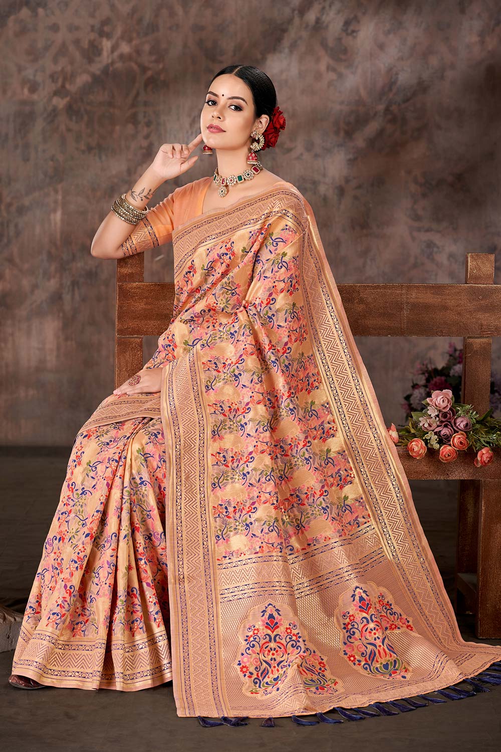 Pink Embroidered Cotton Blend Saree