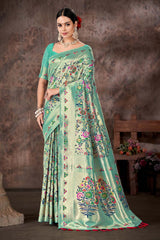 Teal Embroidered Cotton Blend Saree